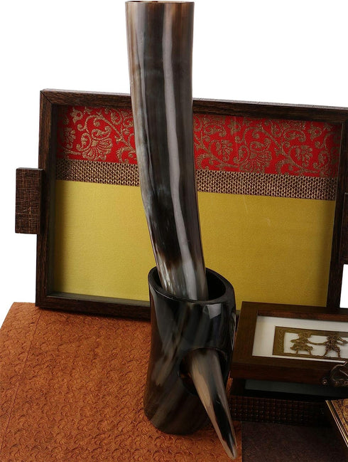 Real Ox Horn Drinking Horn with Stand Handmade Viking Style Ale Beer Wine Goblet Chalice Mead Medieval Burlap Tumbler Beaker Vessels (14 Inches, Auger Midnight)